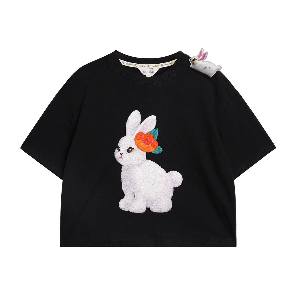 Poco Blush Ink-Black Rabbit & Camellia Cotton Tee