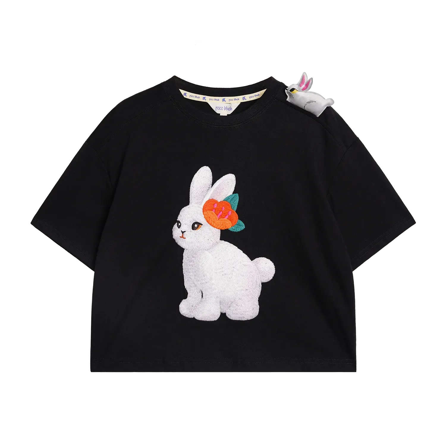 Poco Blush Ink-Black Rabbit & Camellia Cotton Tee
