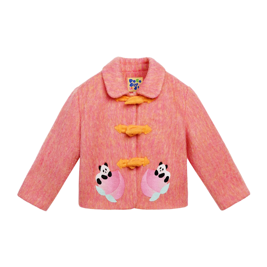 Poco Blush Panda and Peach Embroidered Wool-Blend Coat