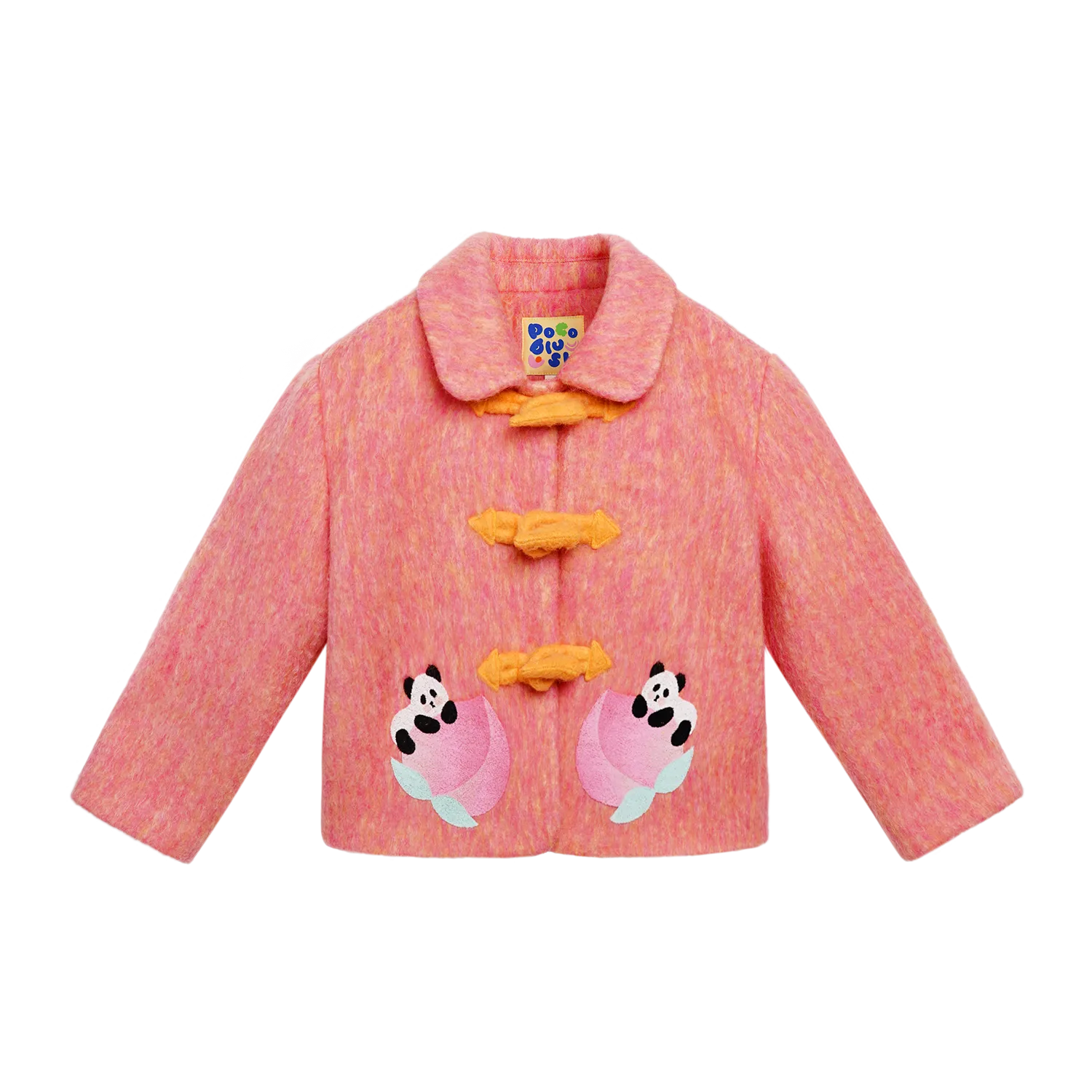 Poco Blush Panda and Peach Embroidered Wool-Blend Coat