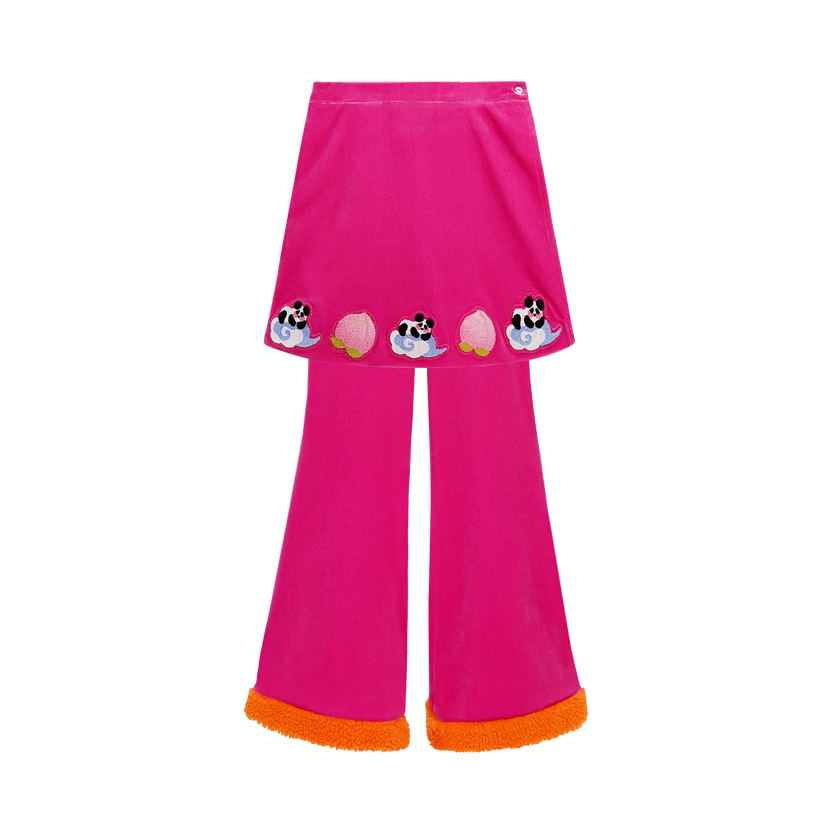 Panda and Peach Embroidered Wrap-Skirt Trousers by Poco Blush