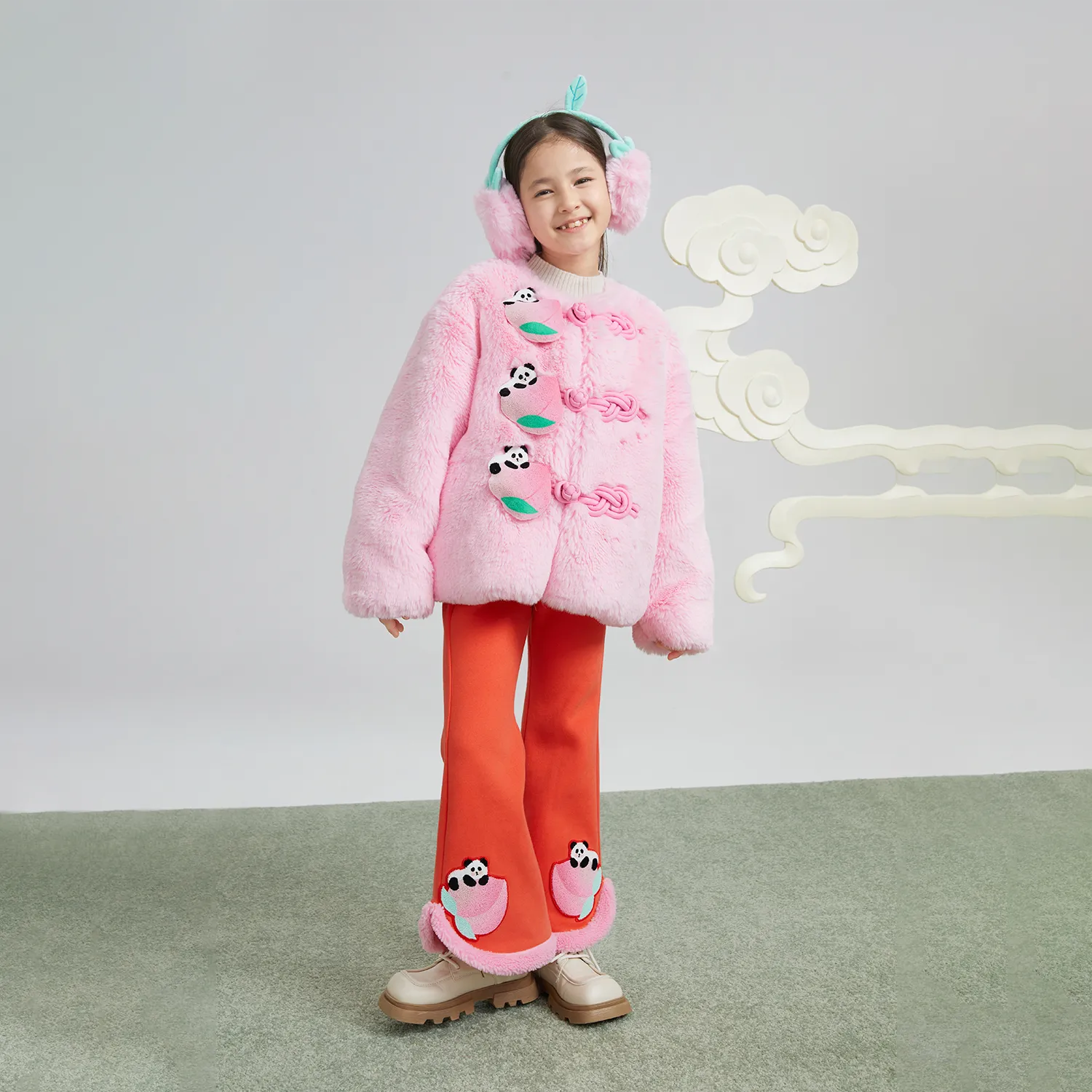 Poco Blush Faux-Fur Chinese-Style Jacket with Panda Frog Buttons