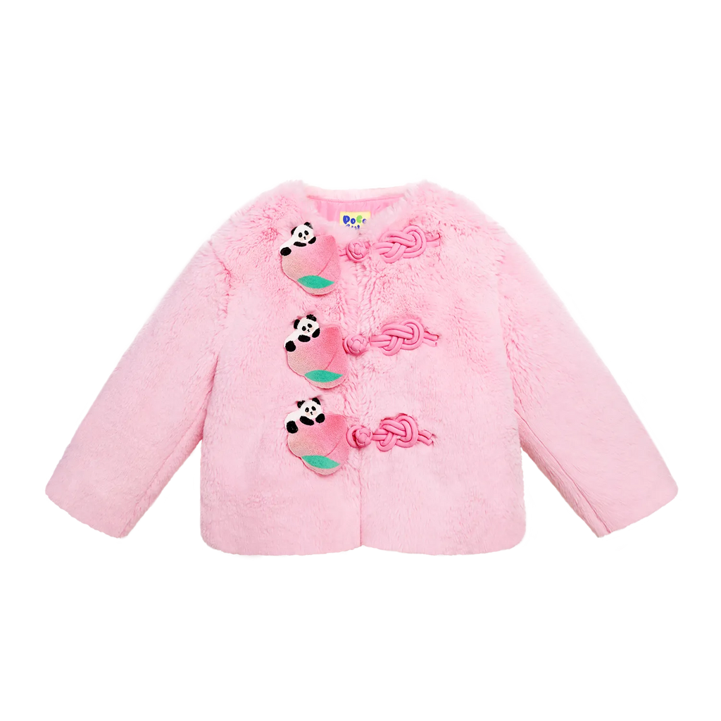 Poco Blush Faux-Fur Chinese-Style Jacket with Panda Frog Buttons