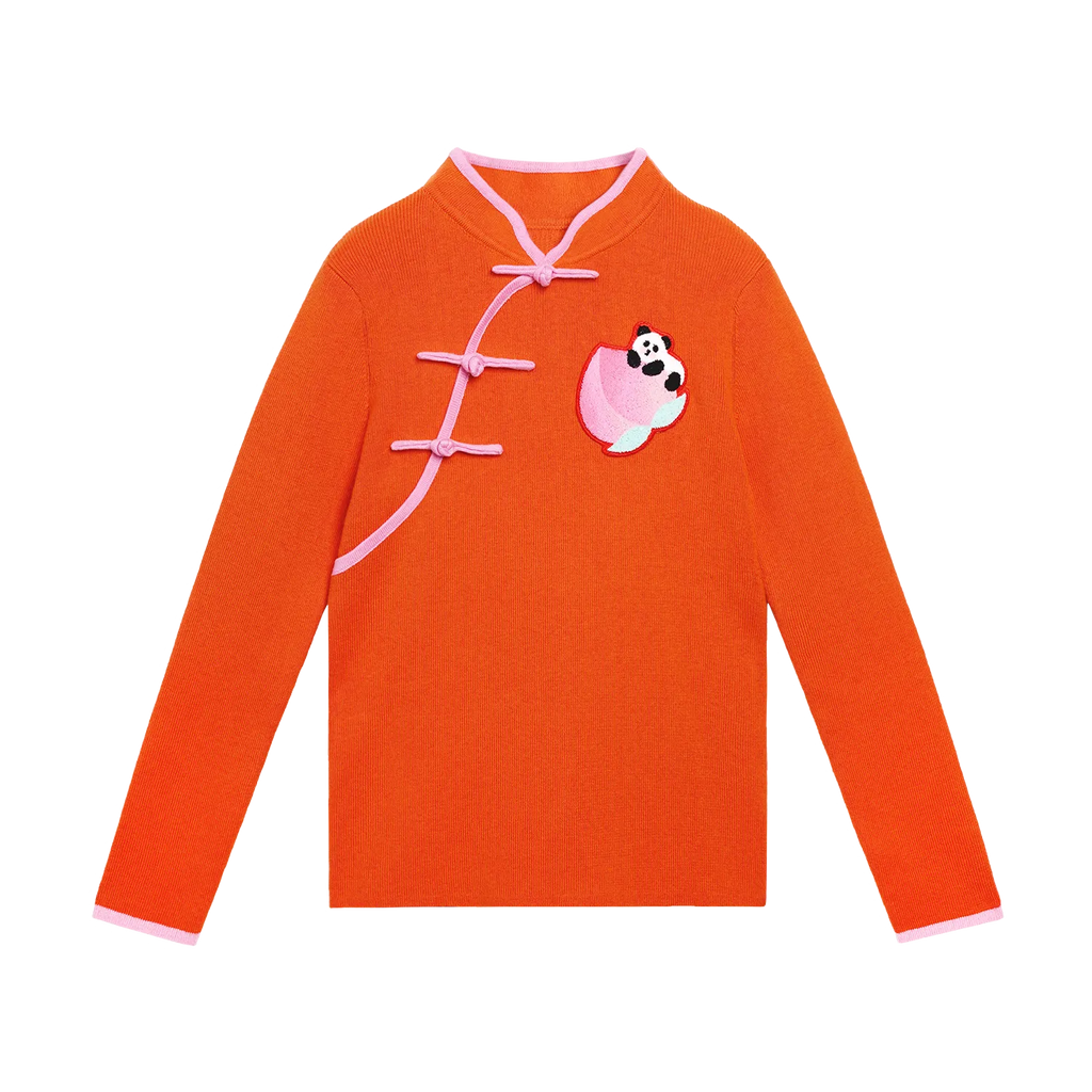 Poco Blush Panda & Peach Chinese-Style Knit Sweater Orange