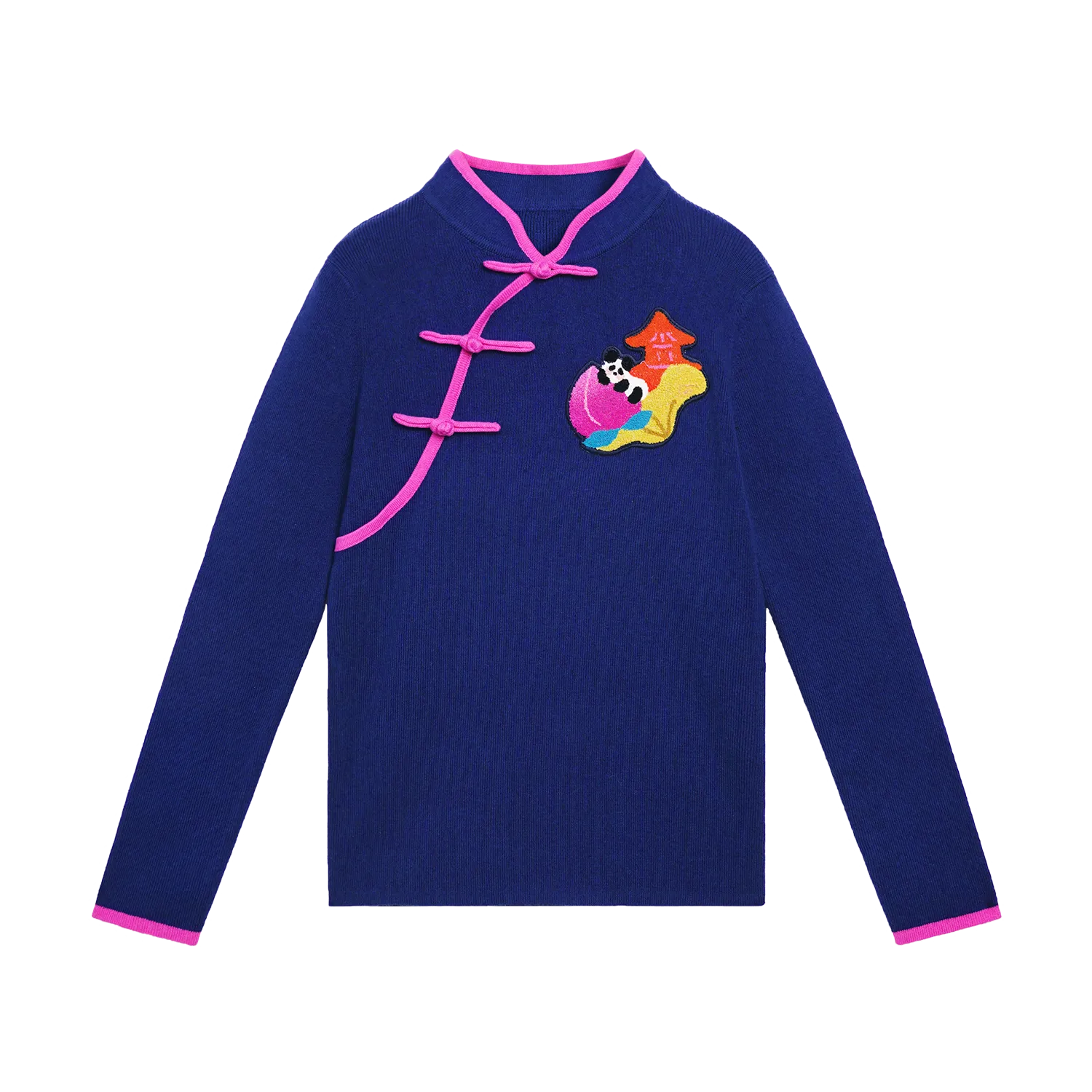 Poco Blush Peach Blessing Night Chinese-Style Knit Sweater Navy