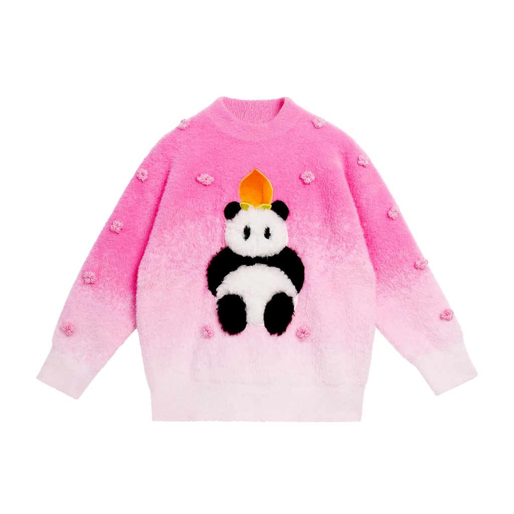 Poco Blush Panda & Peach Ombre Knit Sweater with Embroidered