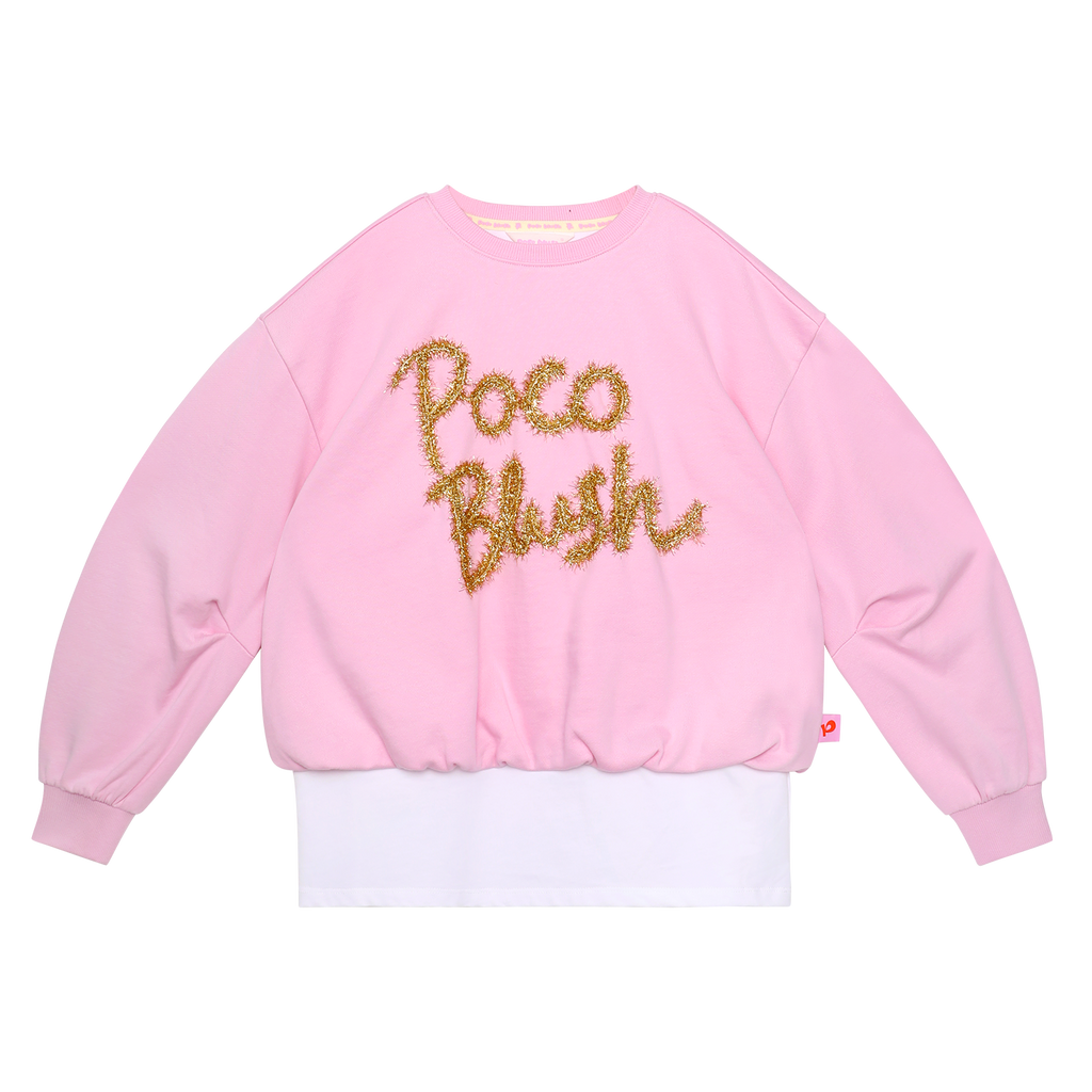 Golden Ribbon Embroidered Sweatshirt in Peach Pink — flat lay
