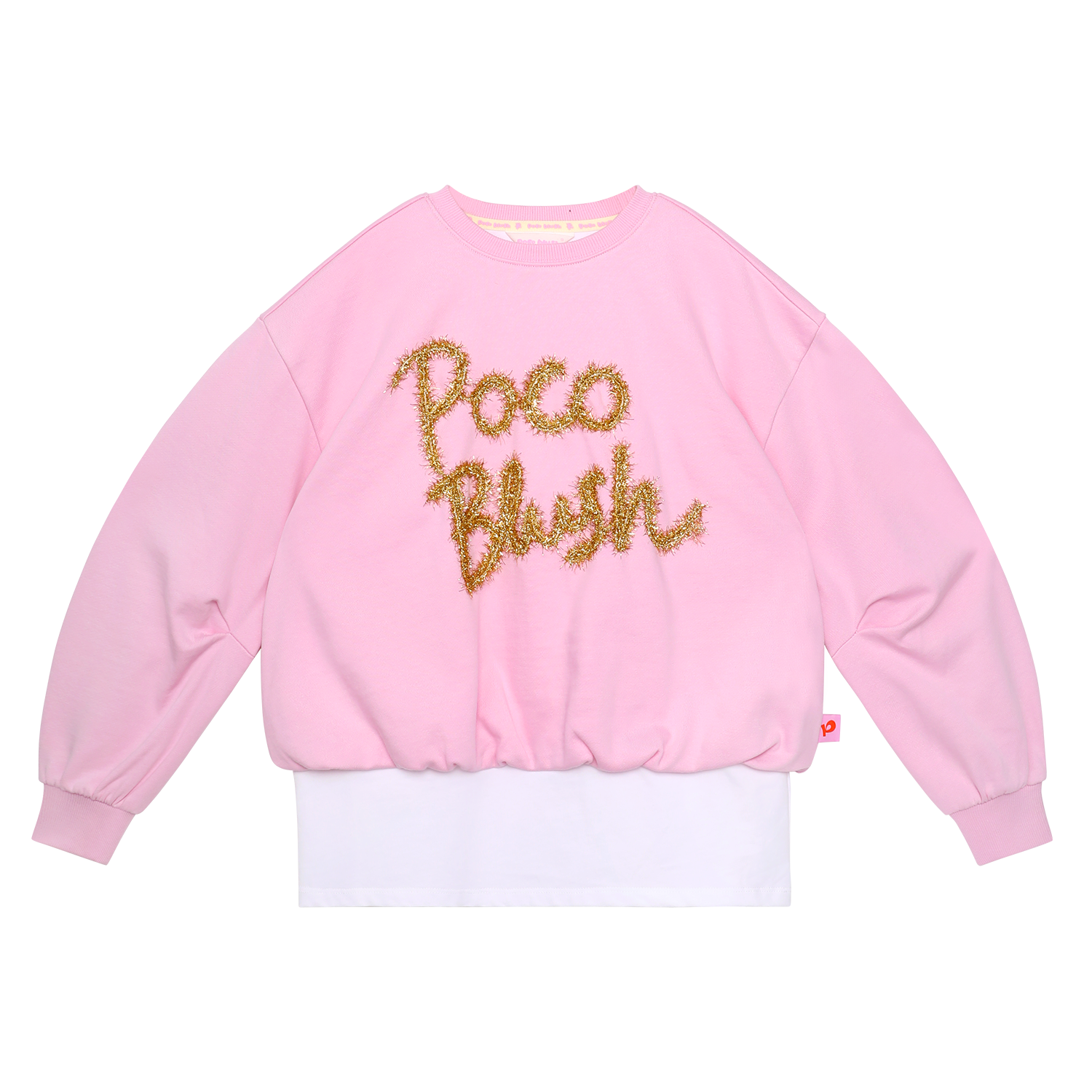Golden Ribbon Embroidered Sweatshirt in Peach Pink — flat lay