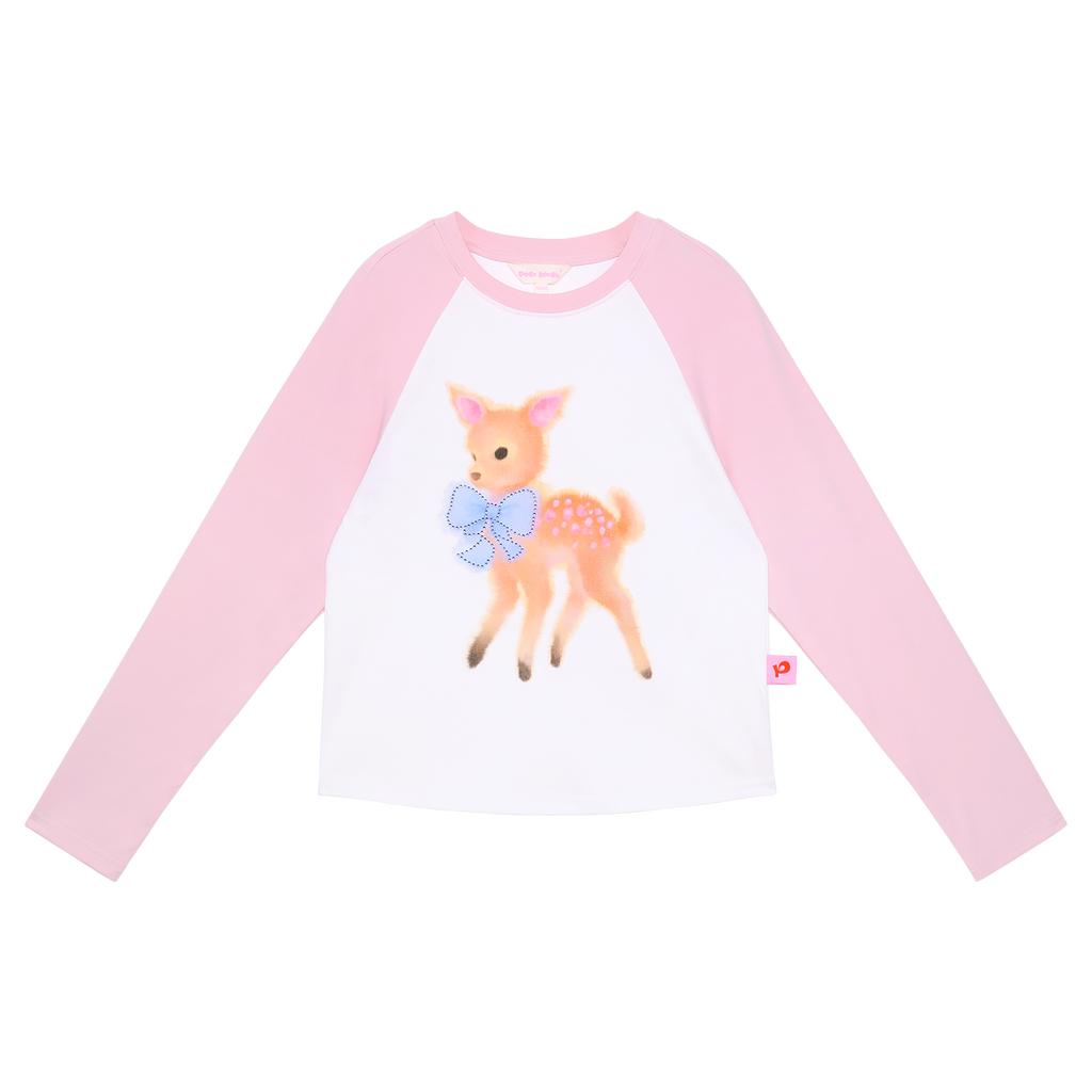 Ink-Wash Animals Raglan Long-Sleeve Tee in Peach Pink — flat lay