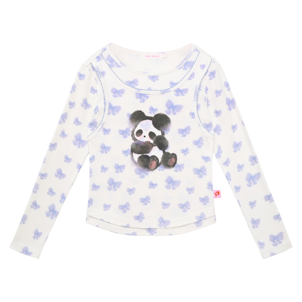 Ink-Wash Animals Layered Long-Sleeve Tee in Icing Blue — flat lay