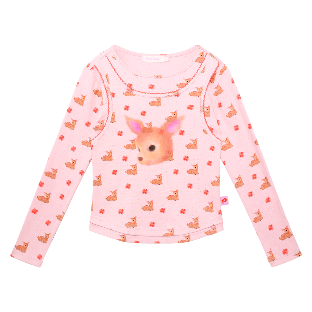 Ink-Wash Animals Layered Long-Sleeve Tee in Lotus Pink — flat lay