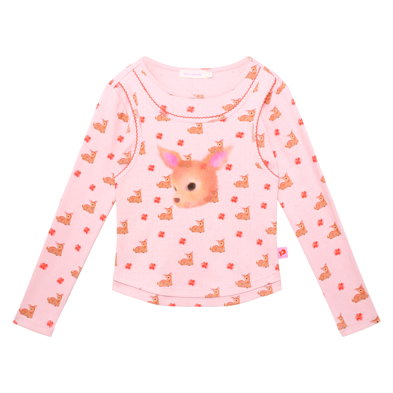 Ink-Wash Animals Layered Long-Sleeve Tee in Lotus Pink — flat lay