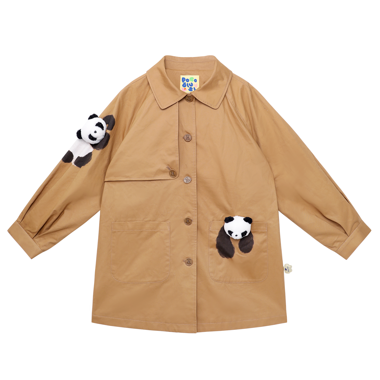 Ink-Wash Animals Character Trench Coat in Caramel Brown — flat lay