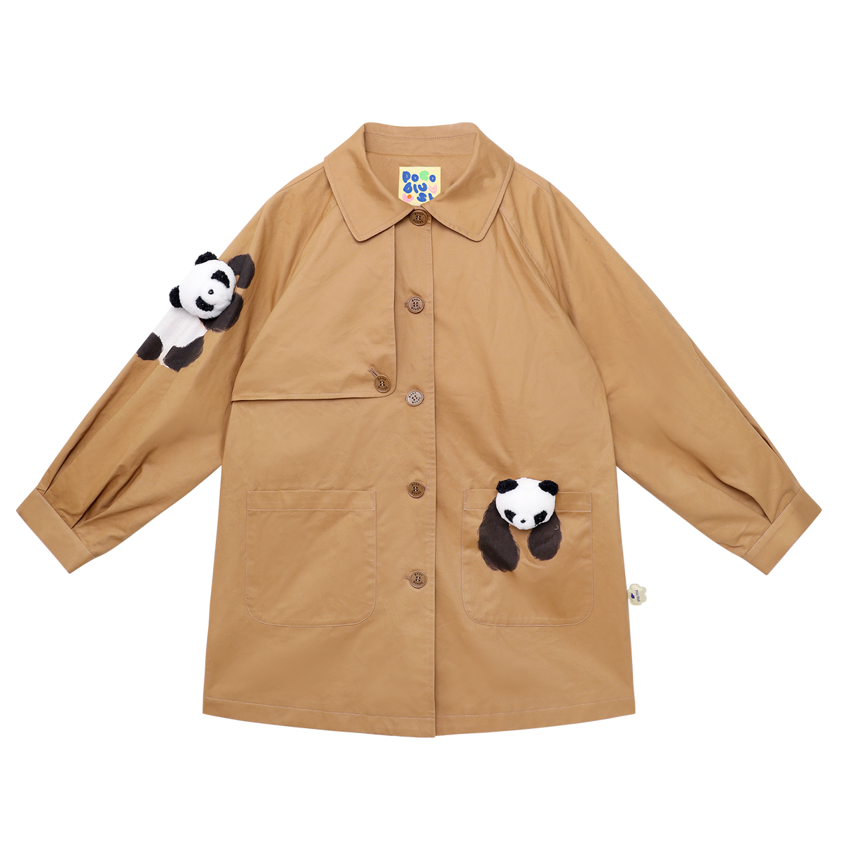 Ink-Wash Animals Character Trench Coat in Caramel Brown — flat lay