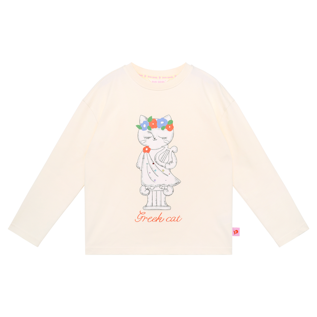 Greek Cat Crystal Tee in Milk White — flat lay