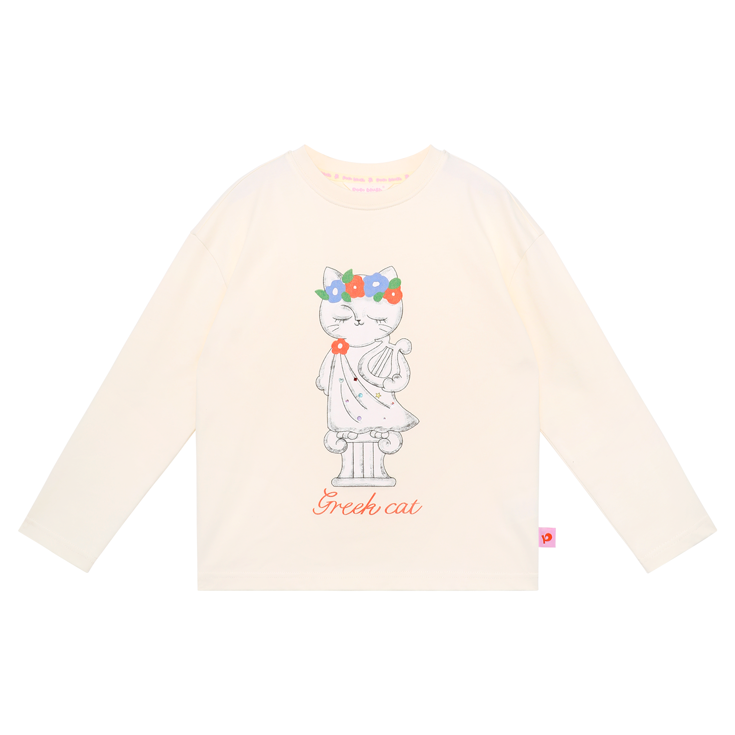 Greek Cat Crystal Tee in Milk White — flat lay
