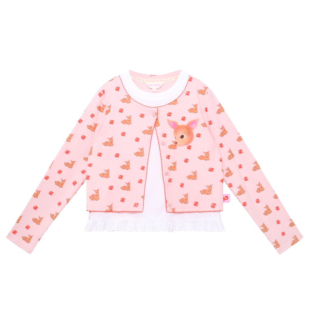 Lace-Trim Layered Printed Top in Lotus Pink — flat lay