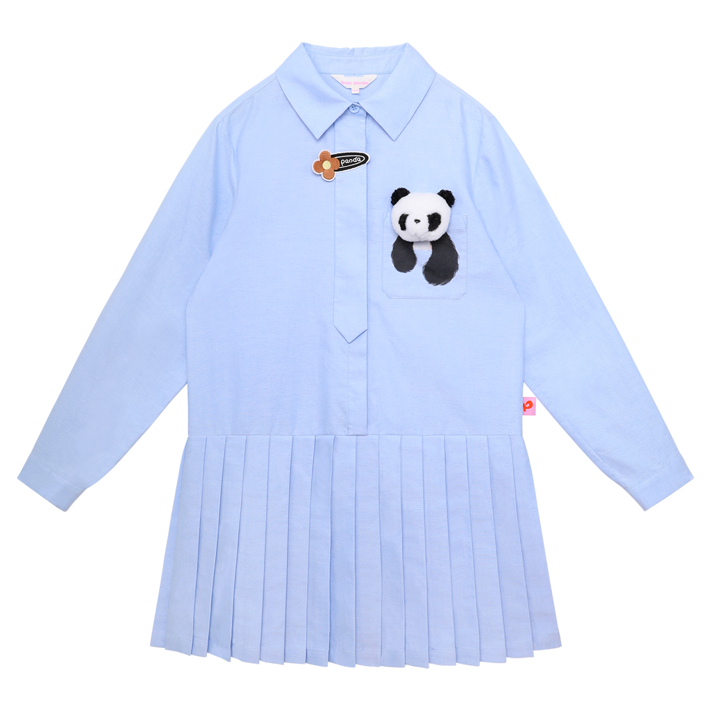 Panda Pleated Shirt Dress in Sky Blue — flat lay