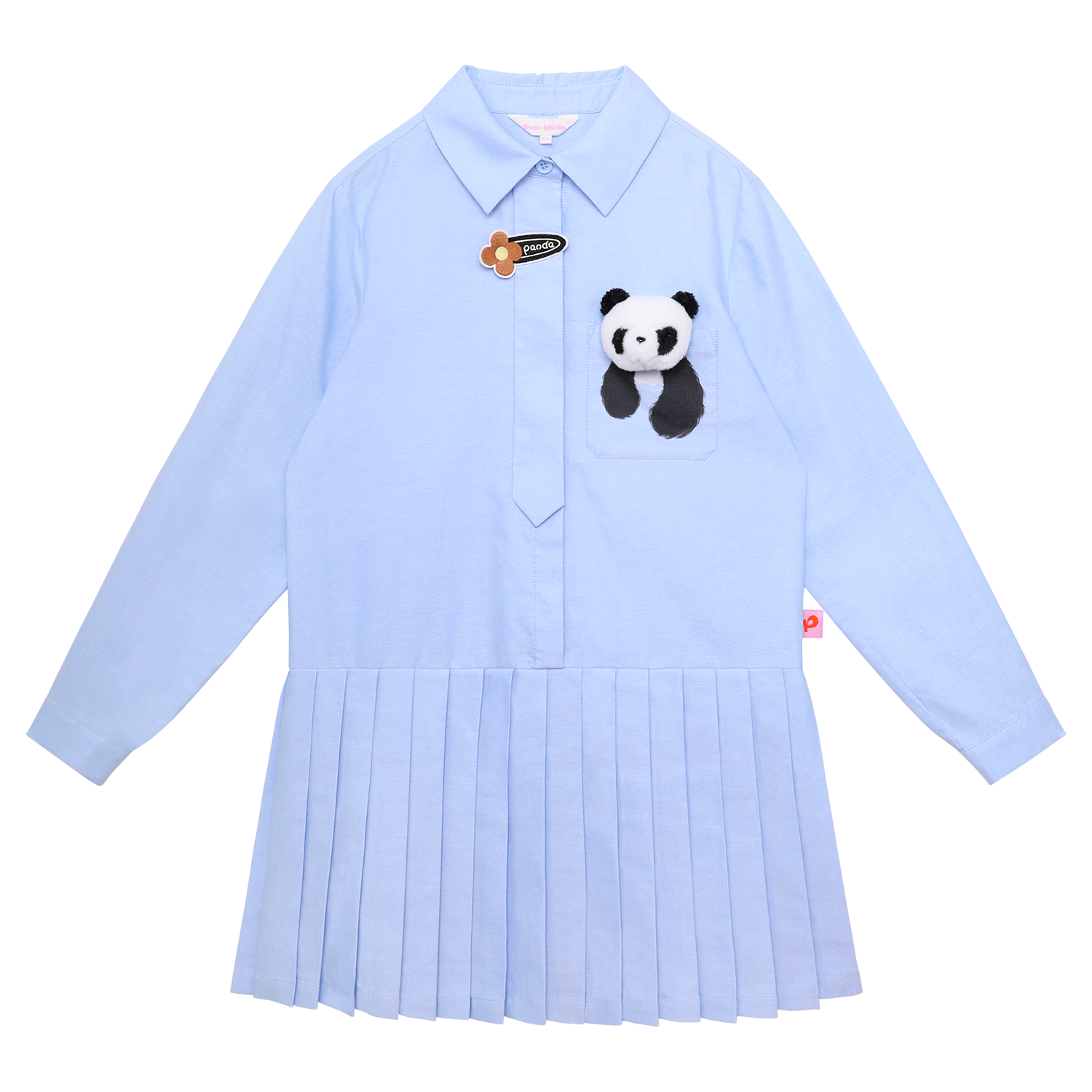 Panda Pleated Shirt Dress in Sky Blue — flat lay