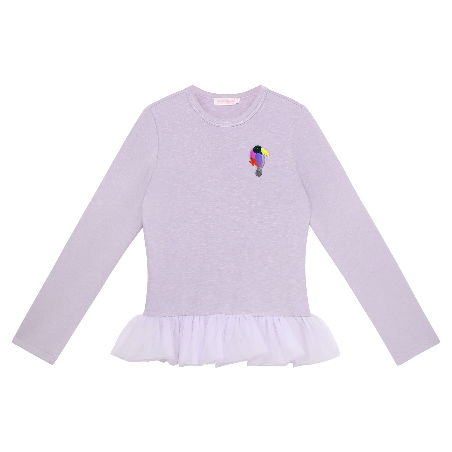 Tulle-Hem Long-Sleeve Top in Soft Lilac — flat lay