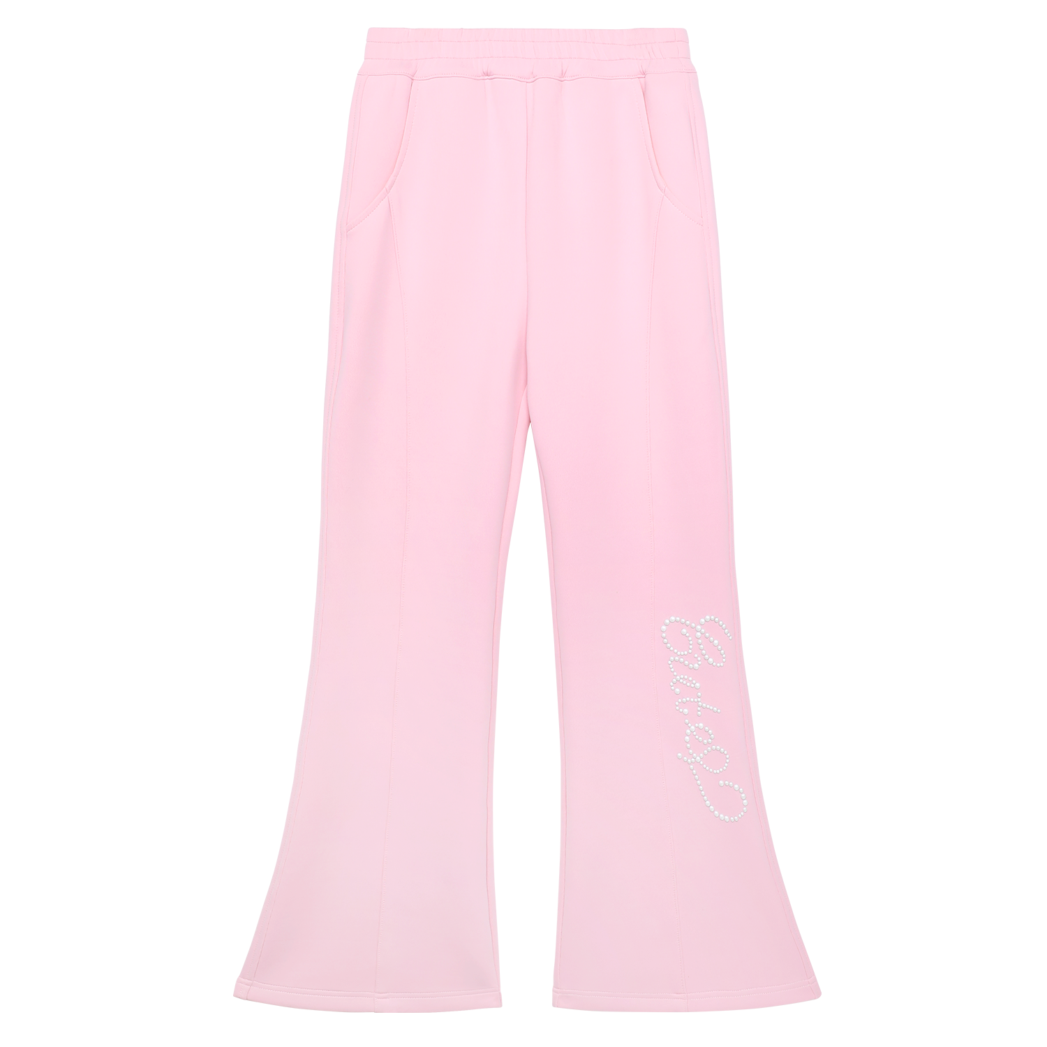 Beaded Knit Flare Trousers in Peach Pink — flat lay