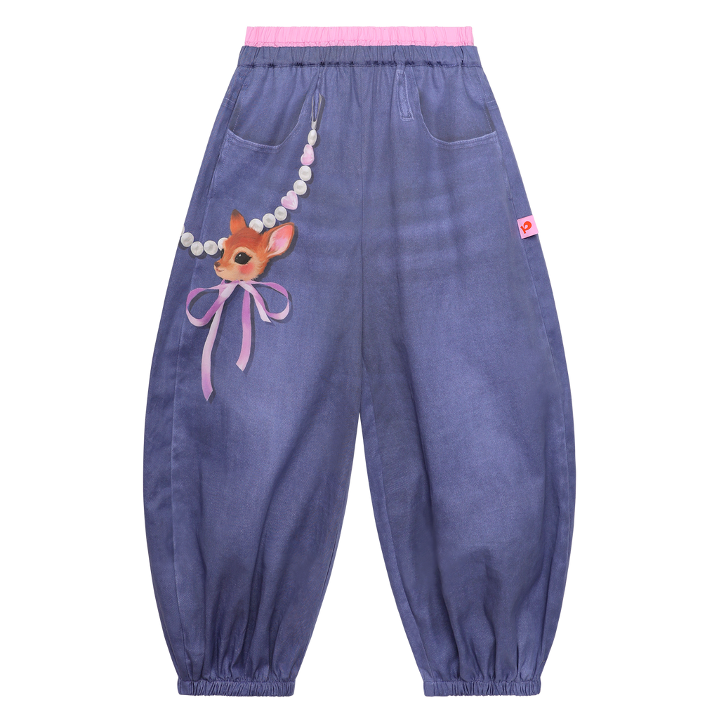 Hand-Painted Denim Balloon Trousers in Denim Blue — flat lay