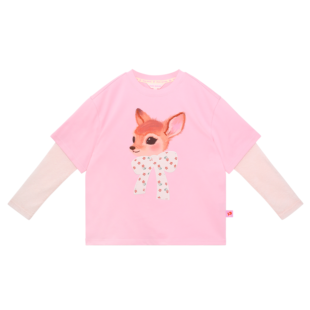 Patchwork Ink-Wash Layered Tee in Peach Pink — flat lay