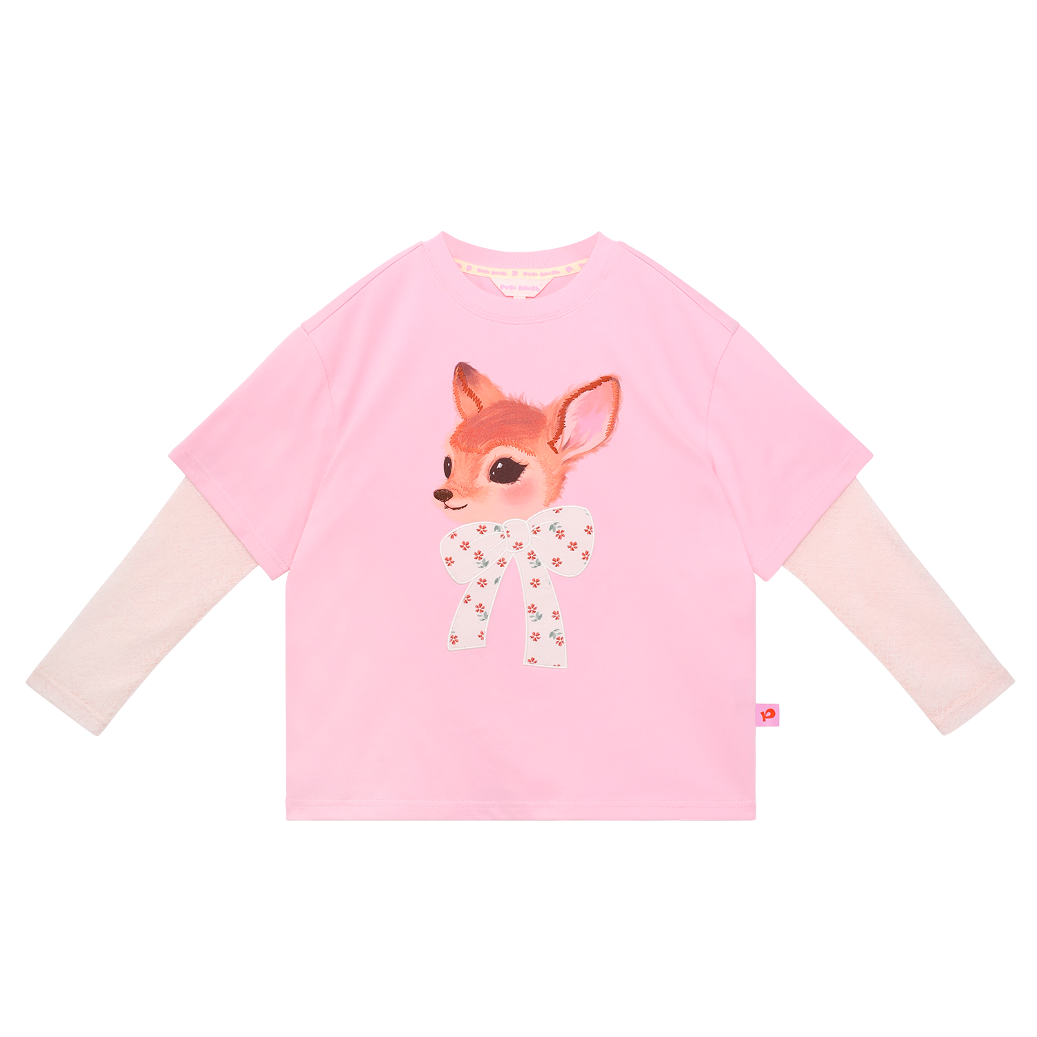 Patchwork Ink-Wash Layered Tee in Peach Pink — flat lay