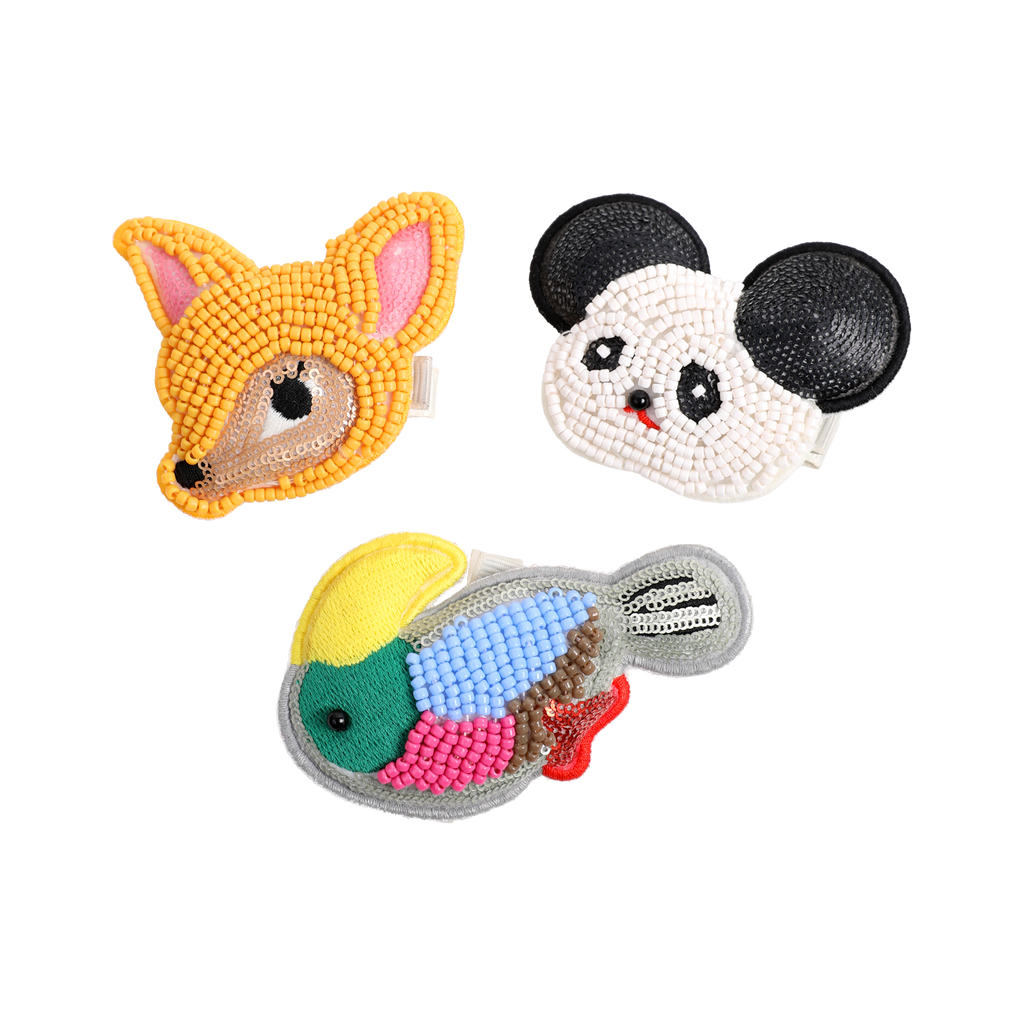 Rare Animals Beaded Hair Clips in Toucan, Panda and Fawn — flat lay