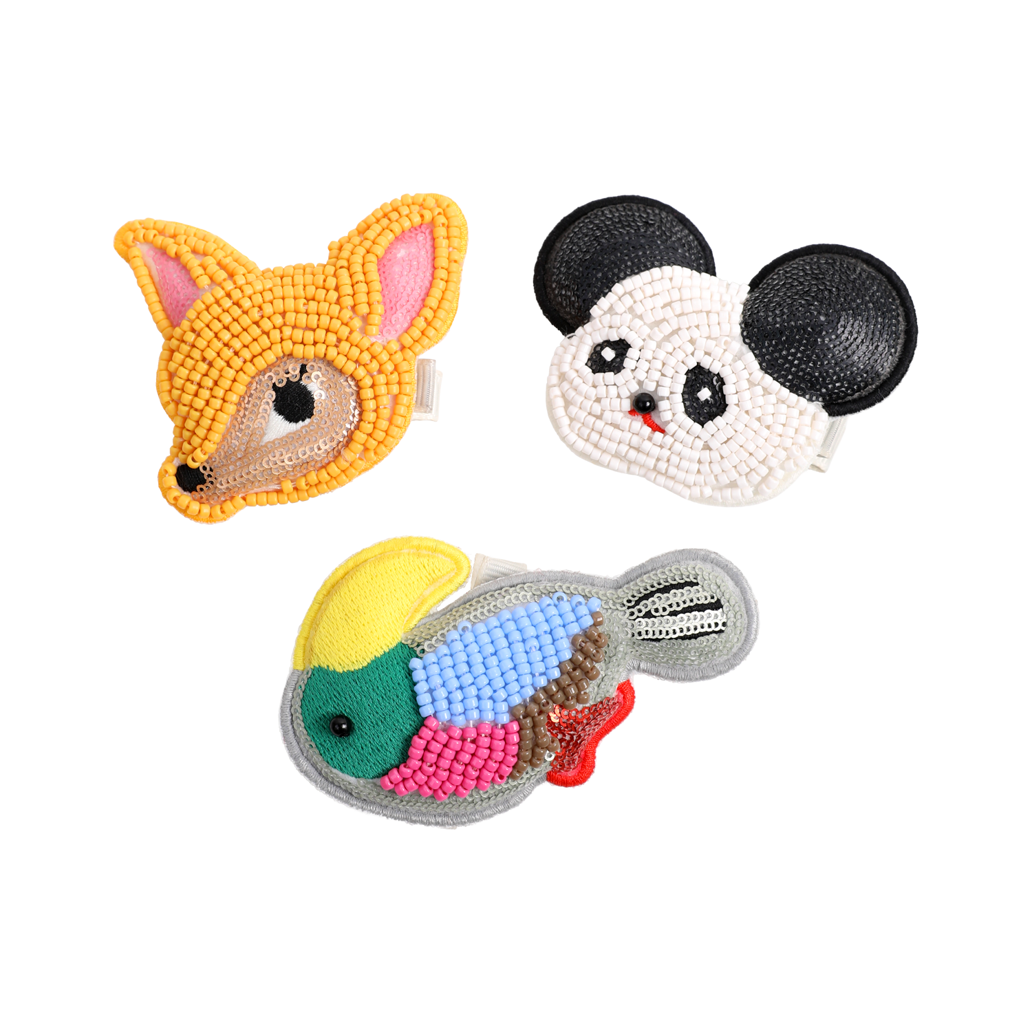 Rare Animals Beaded Hair Clips in Toucan, Panda and Fawn — flat lay