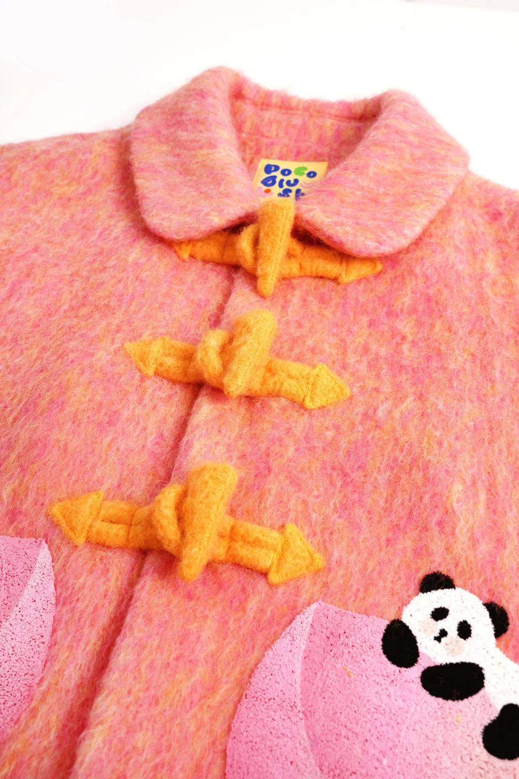 Poco Blush Panda and Peach Embroidered Wool-Blend Coat