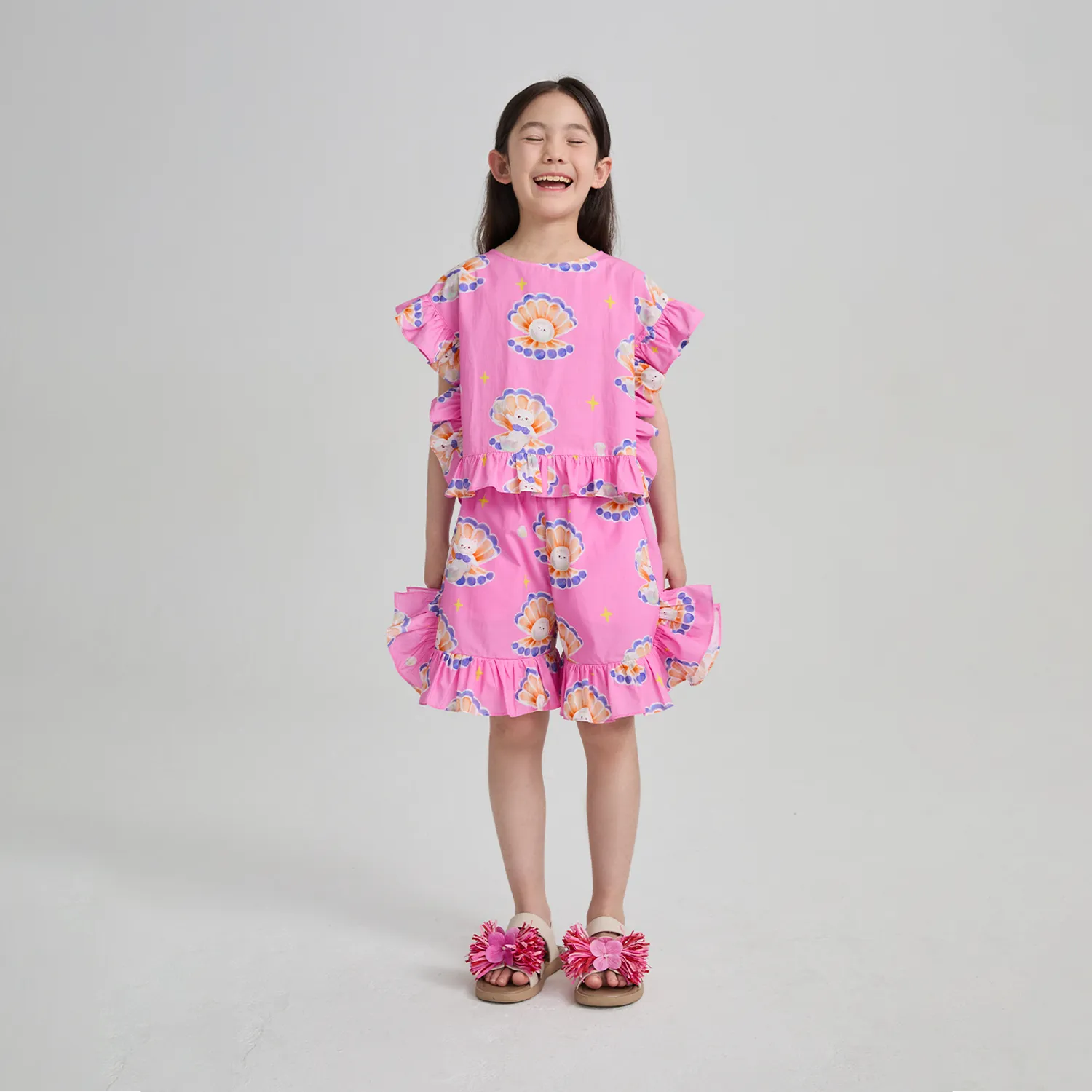 Poco Blush Pearl Cat Cotton Ruffle Top