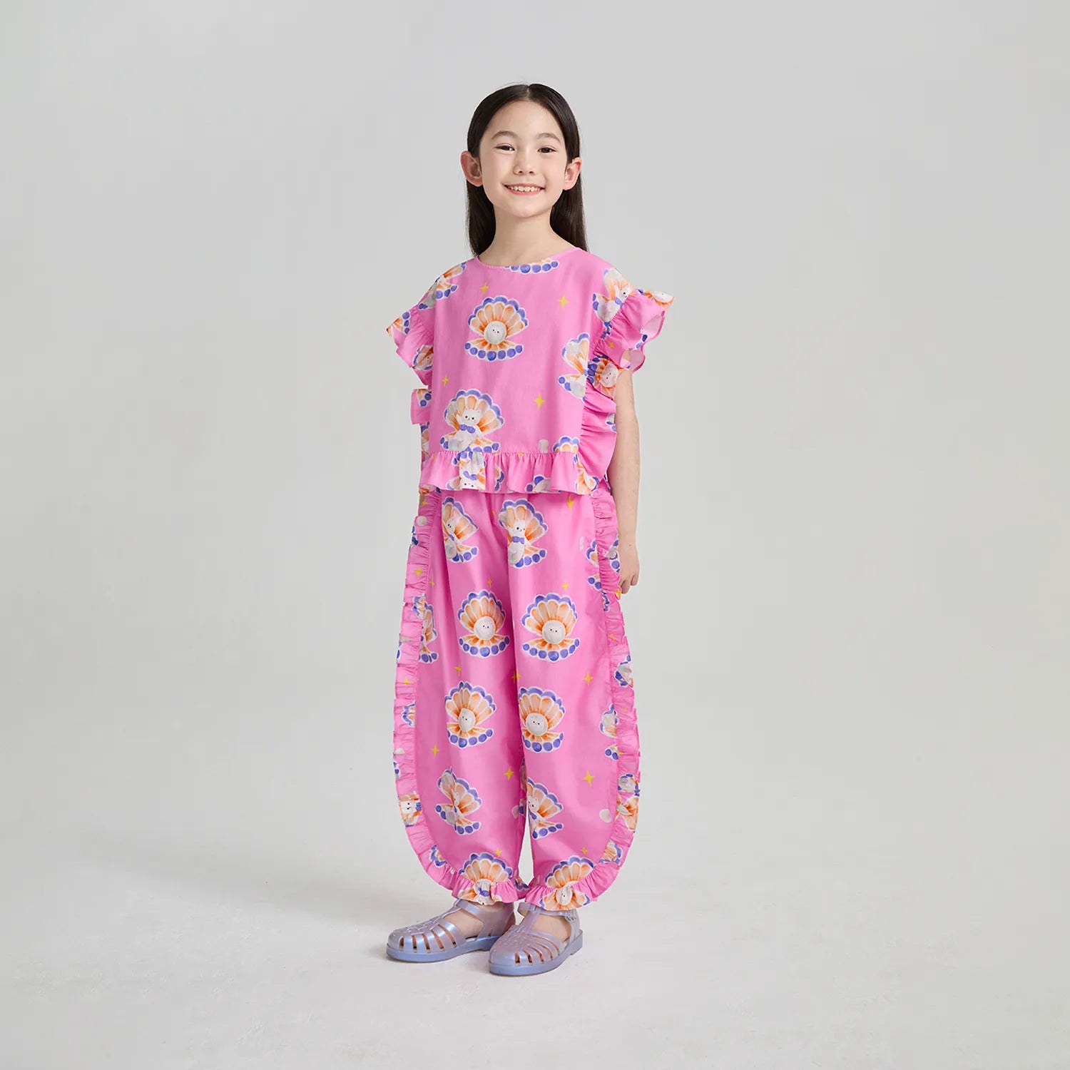 Poco Blush Pearl Cat Cotton Ruffle Top