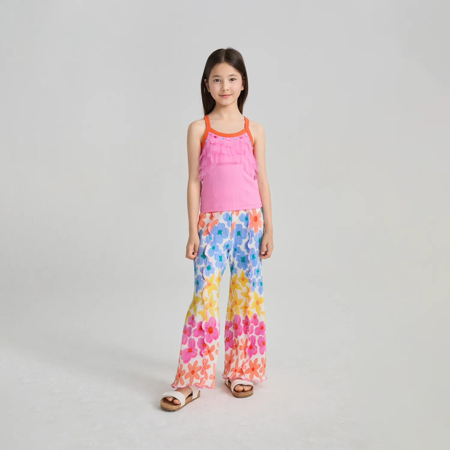 Poco Blush Palm Leaf Pleated Flare Pants