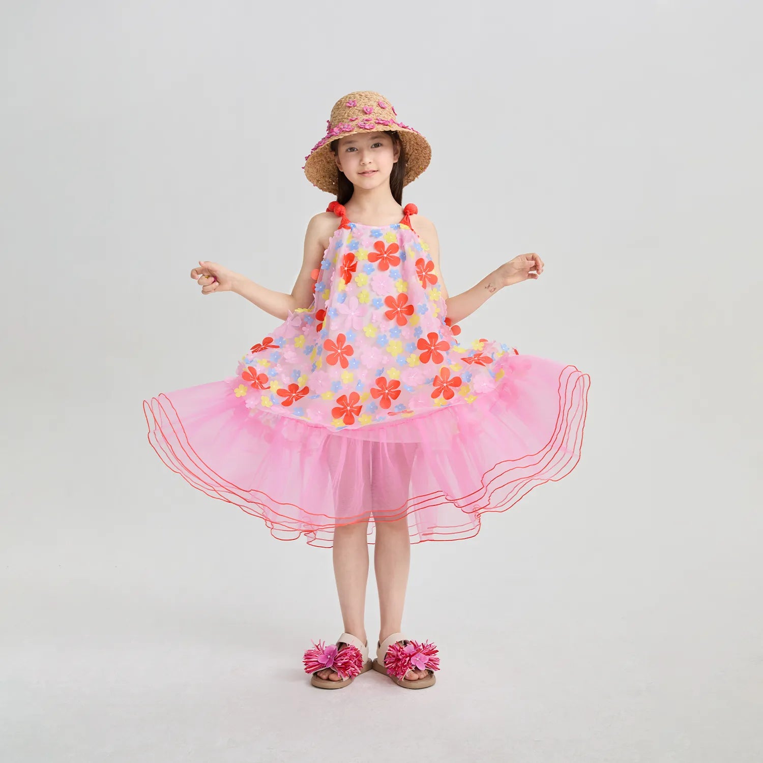 Poco Blush Tropical Bloom Embroidered Mesh Dress