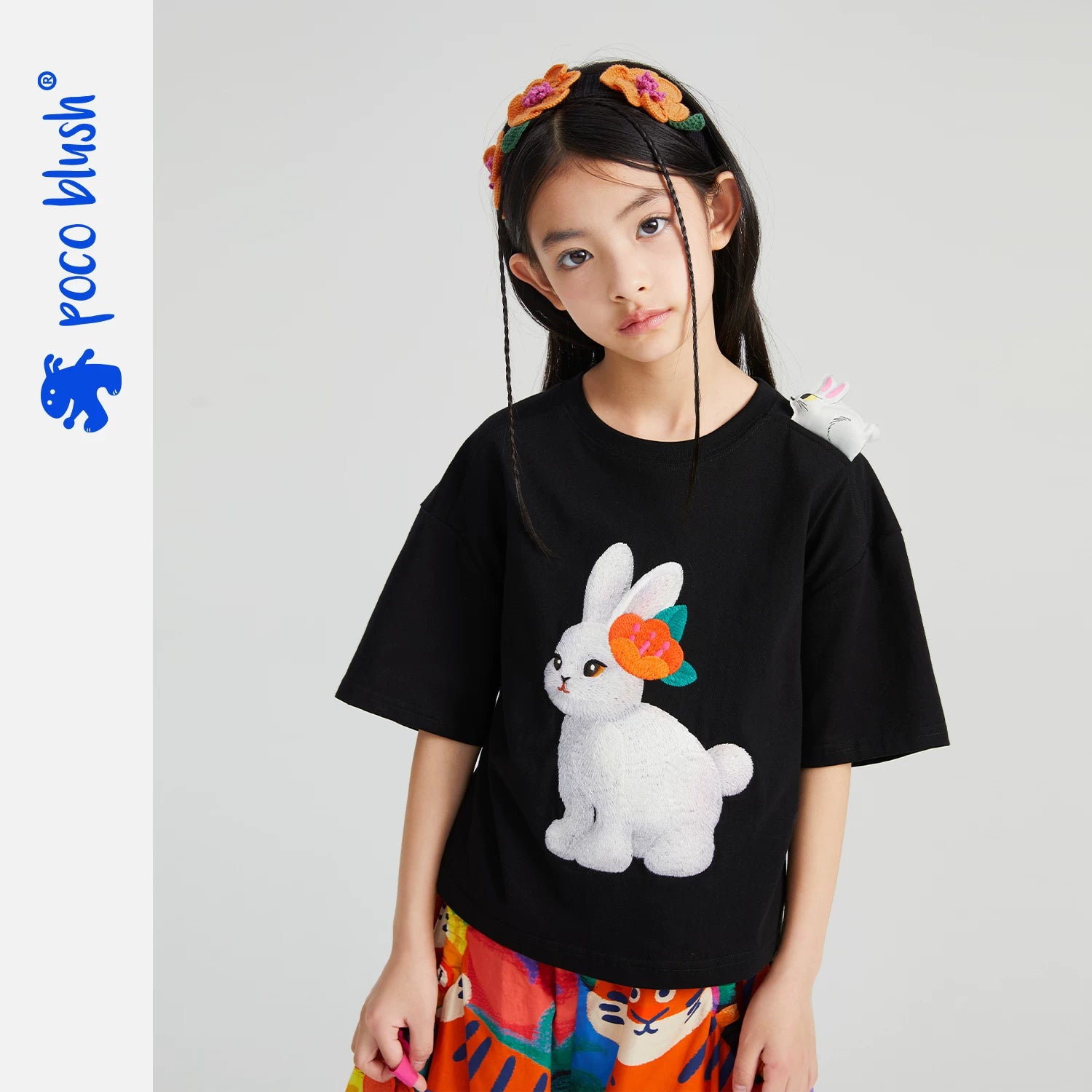 Poco Blush Ink-Black Rabbit & Camellia Cotton Tee
