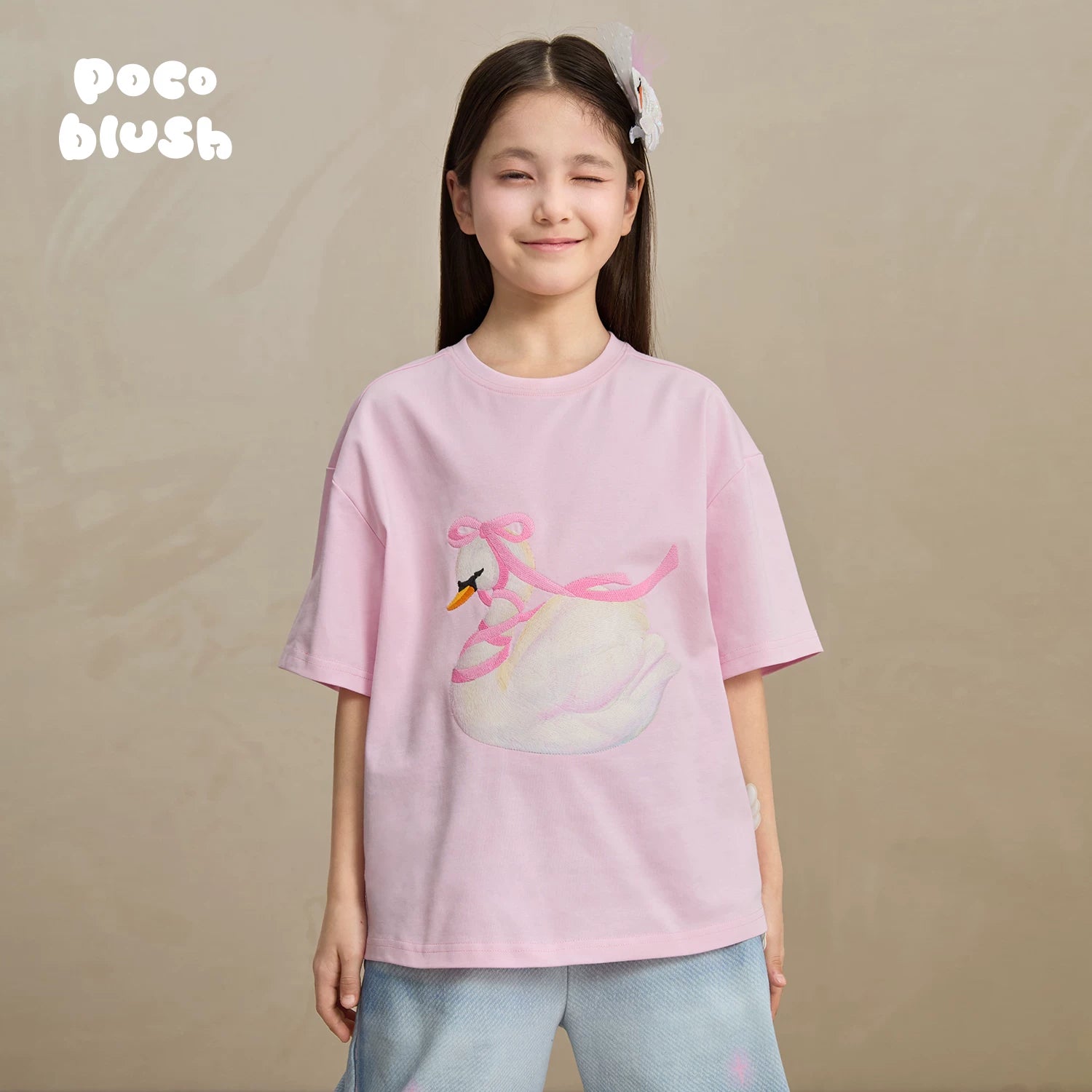 Poco Blush Embroidered Swan Tee with Wings