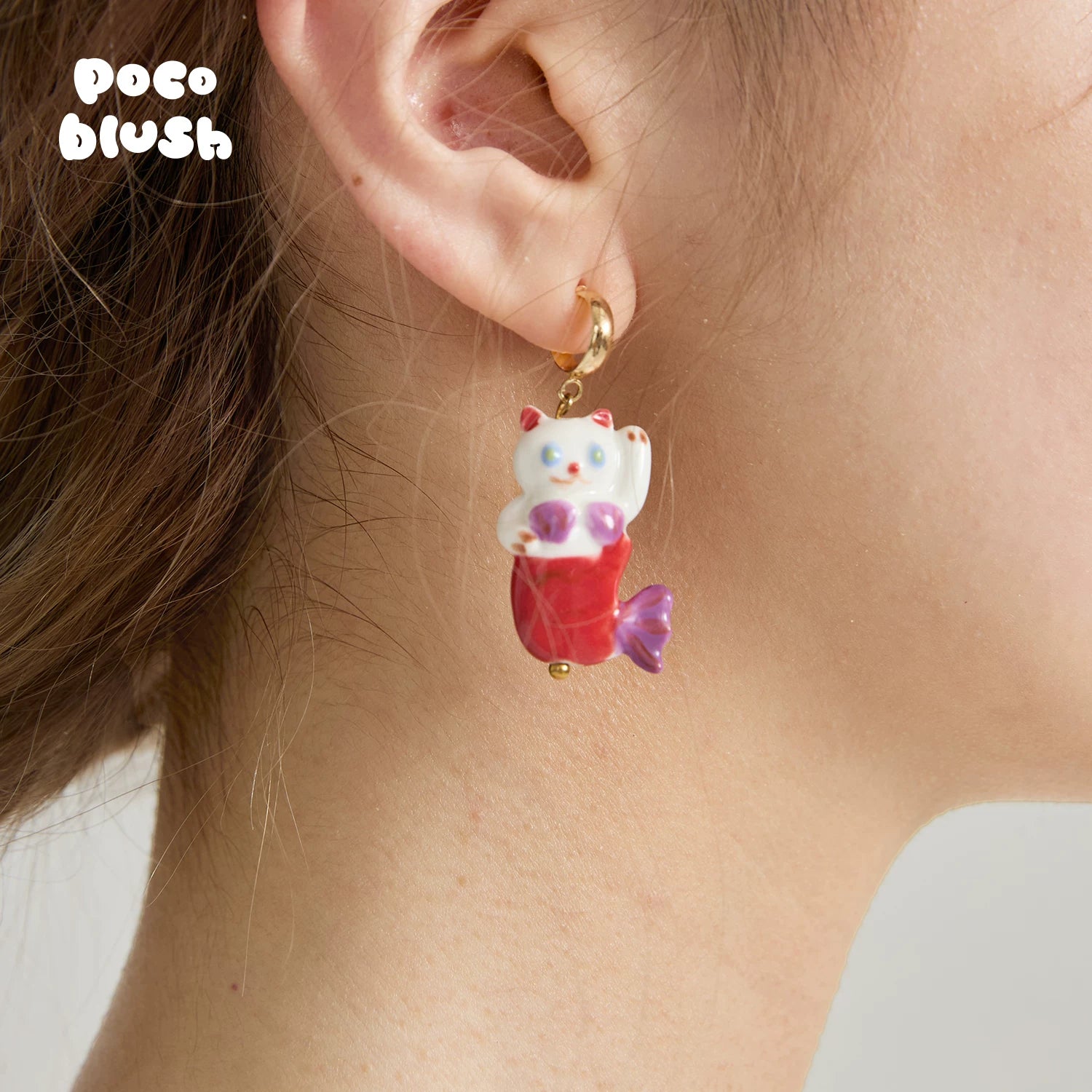 Poco Blush Hawaiian Mermaid Cat Ceramic Earrings