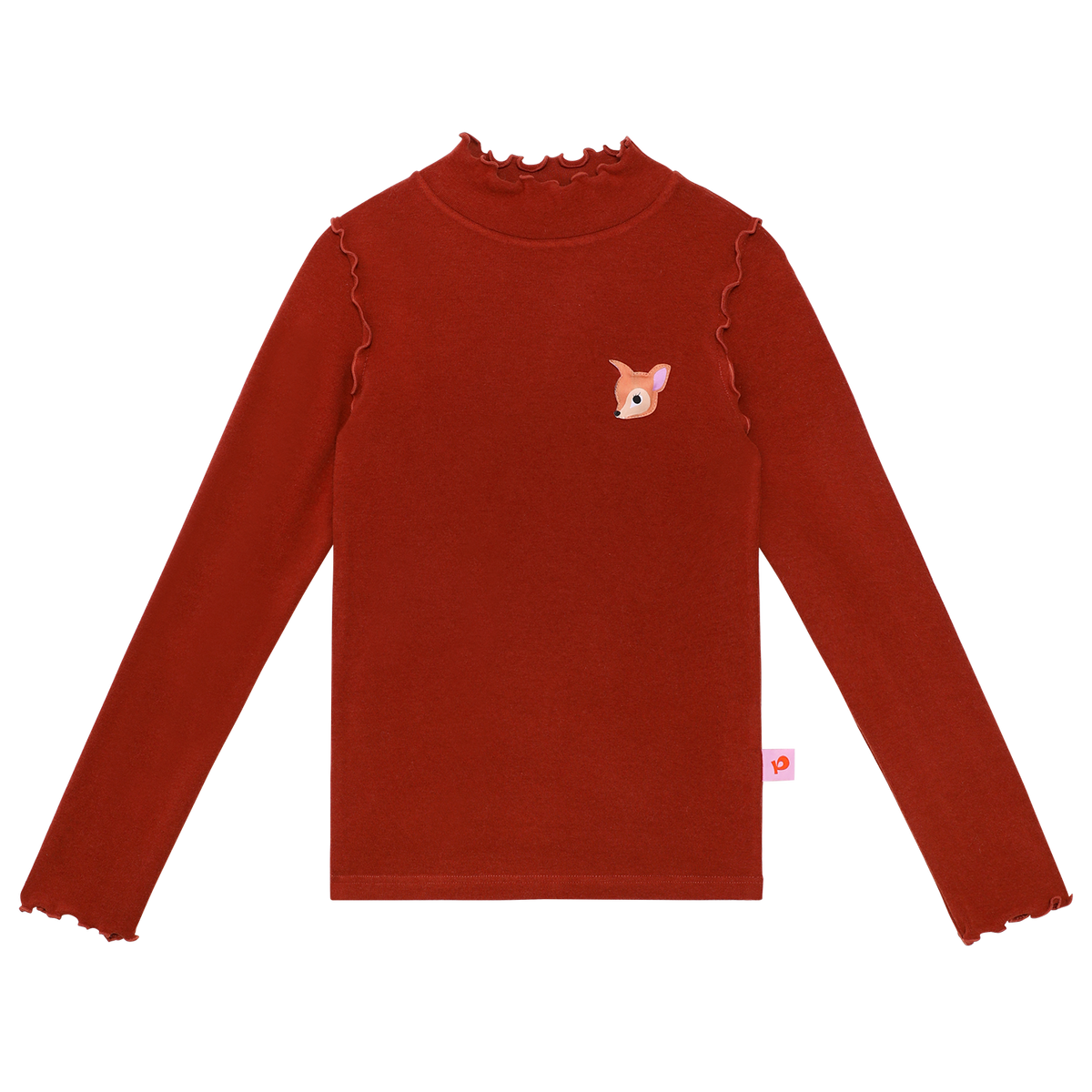 Ink-Wash Frill-Neck Base-Layer Top — Brick Red; front flat lay