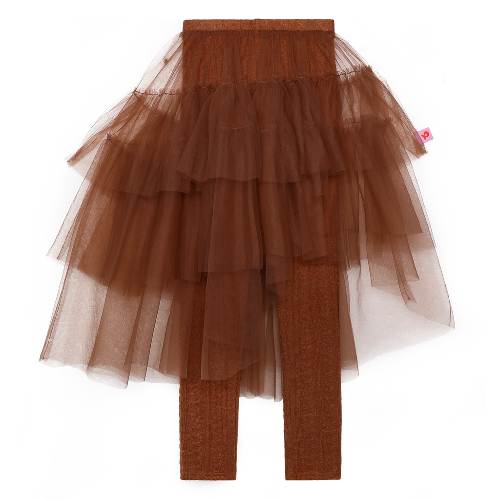 Tulle-Layer Knit Leggings — Chestnut Brown; front flat lay