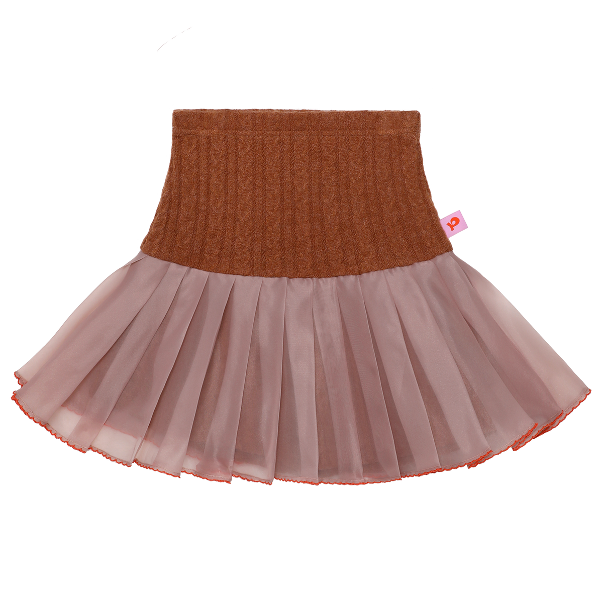 Cat-Story Pleated Organza Knit Skirt — Chestnut Brown; front flat lay