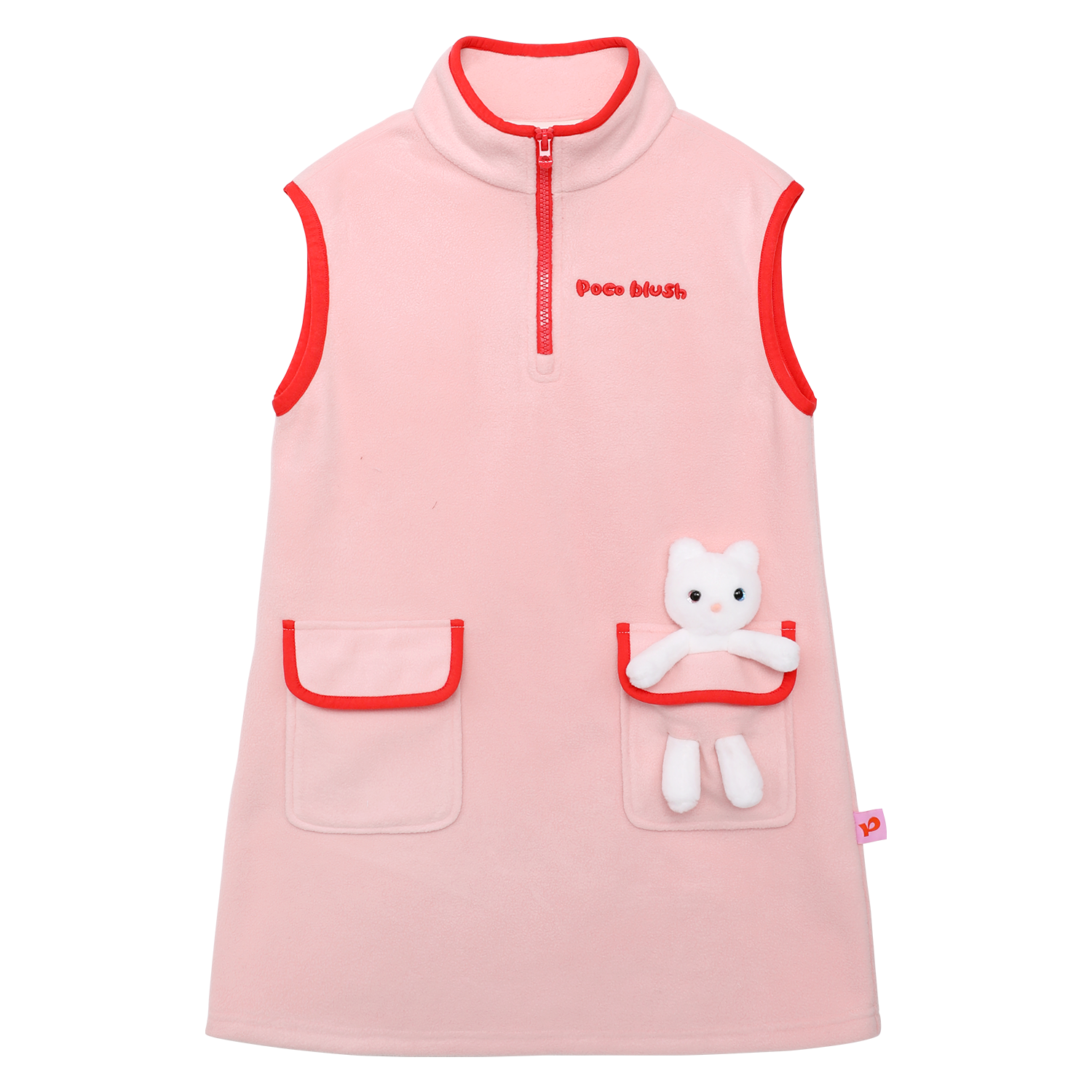 Ink-Wash Animal-Pocket Fleece Pinafore — Dusty Pink; front flat lay