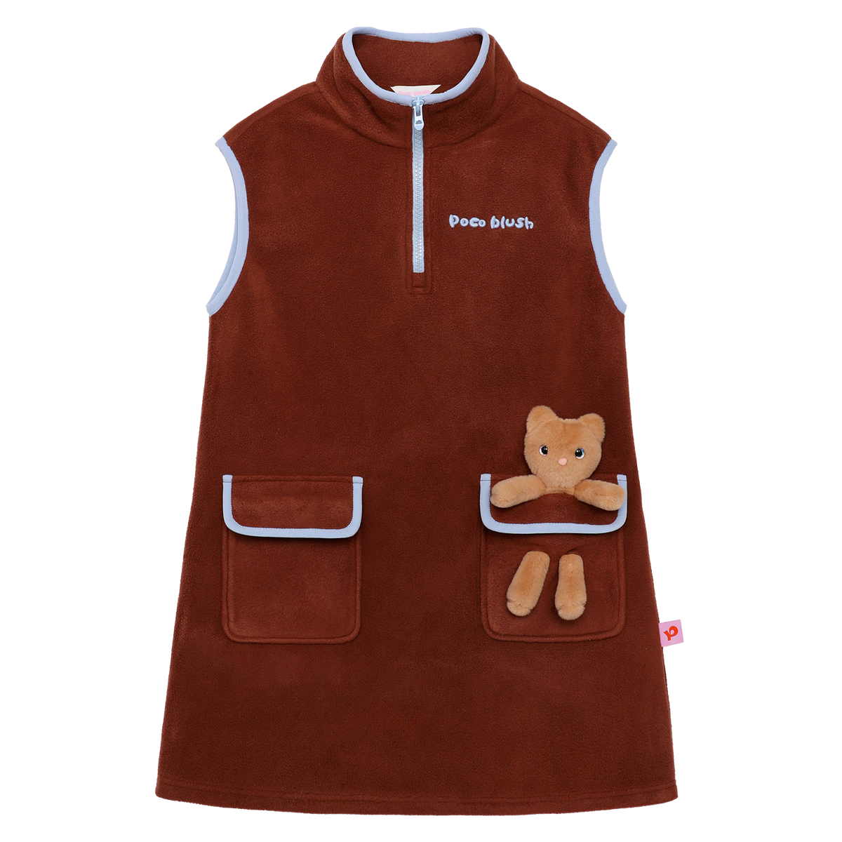 Ink-Wash Animal-Pocket Fleece Pinafore — Caramel Brown; front flat lay