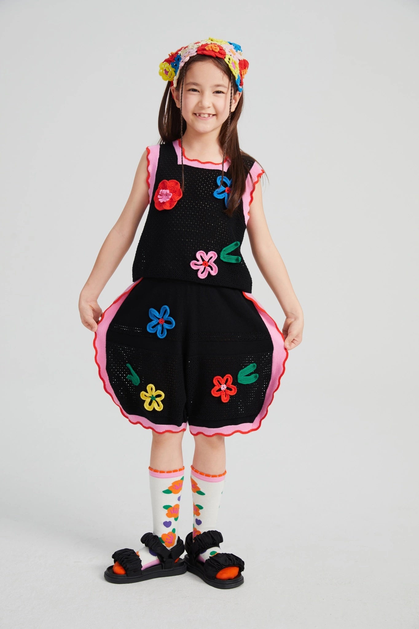 Poco Blush Camellia Blooms Lace Knit Shorts