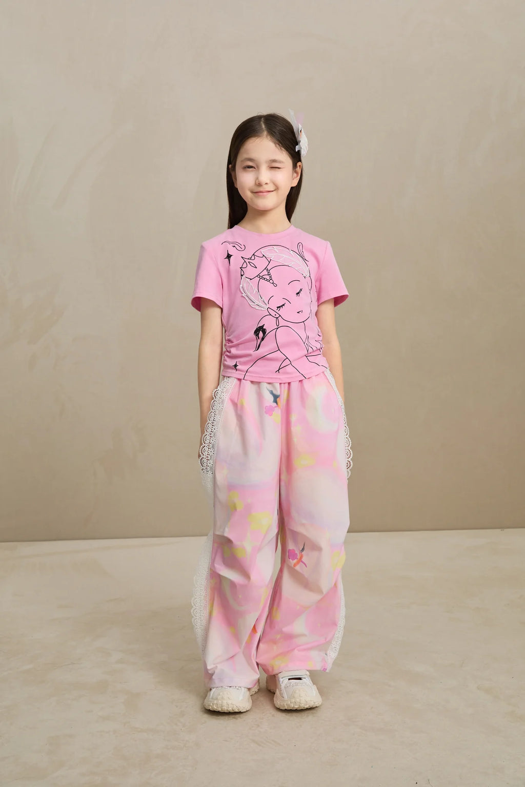 Poco Blush Swan Dream Parachute Pants with Lace Panels
