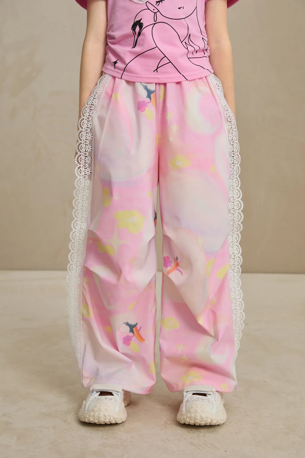 Poco Blush Swan Dream Parachute Pants with Lace Panels