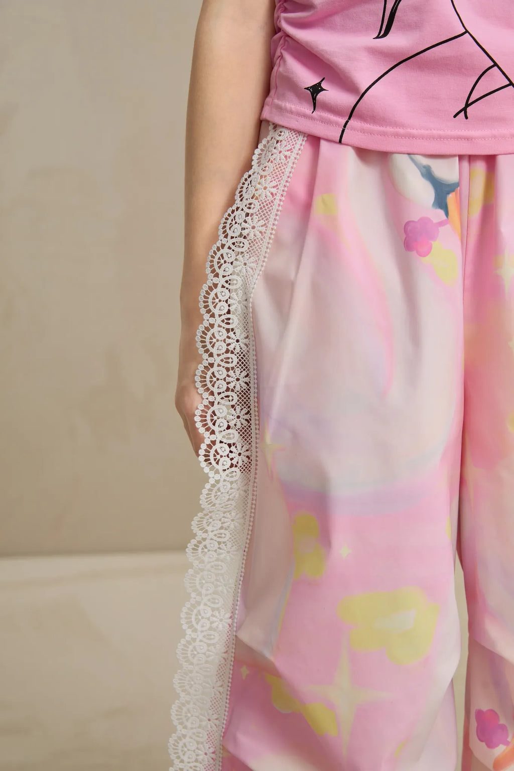 Poco Blush Swan Dream Parachute Pants with Lace Panels