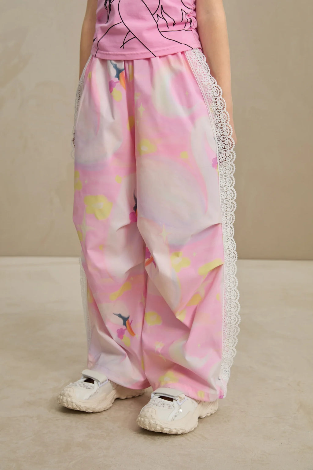 Poco Blush Swan Dream Parachute Pants with Lace Panels