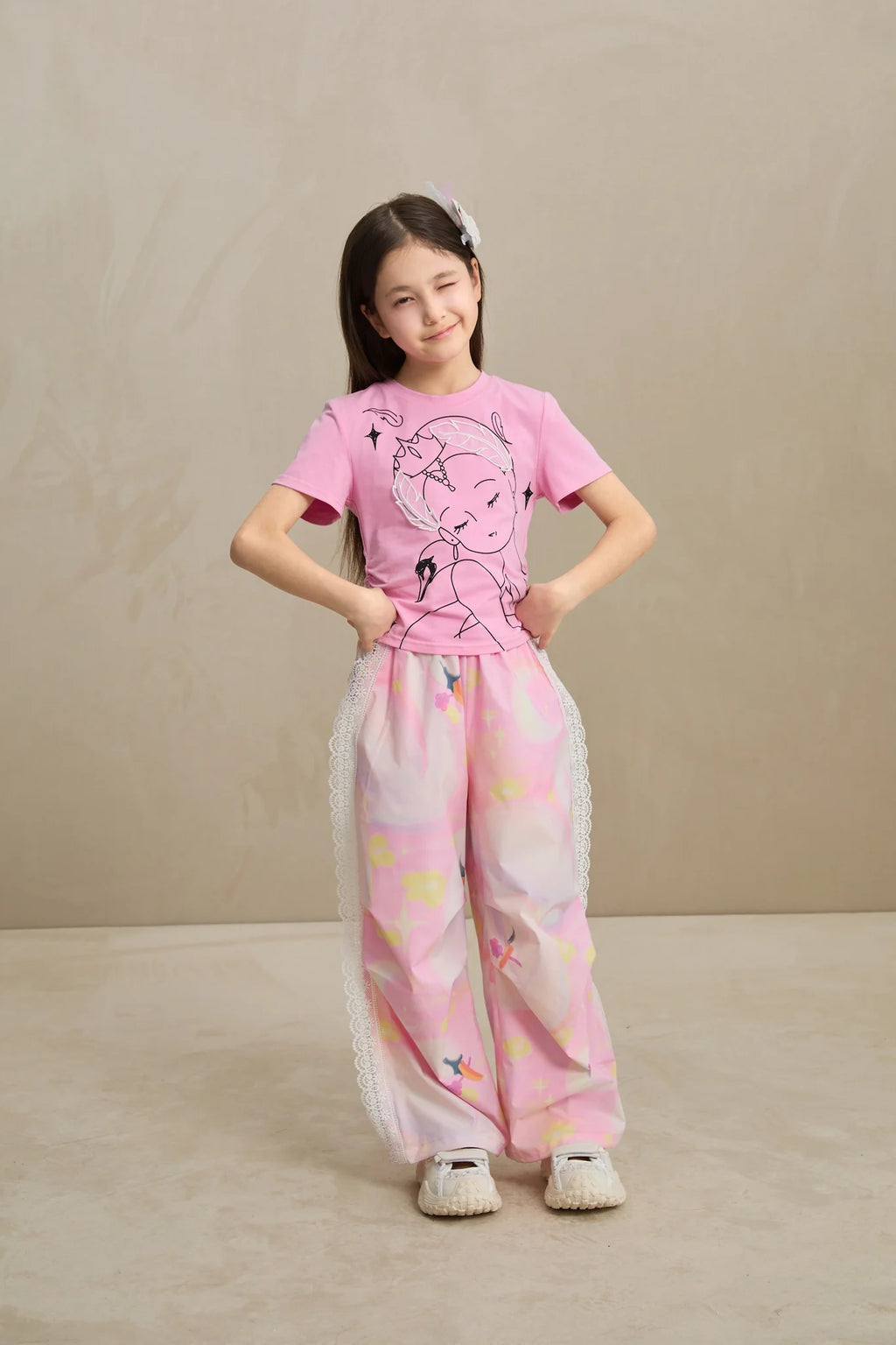 Poco Blush Swan Dream Parachute Pants with Lace Panels