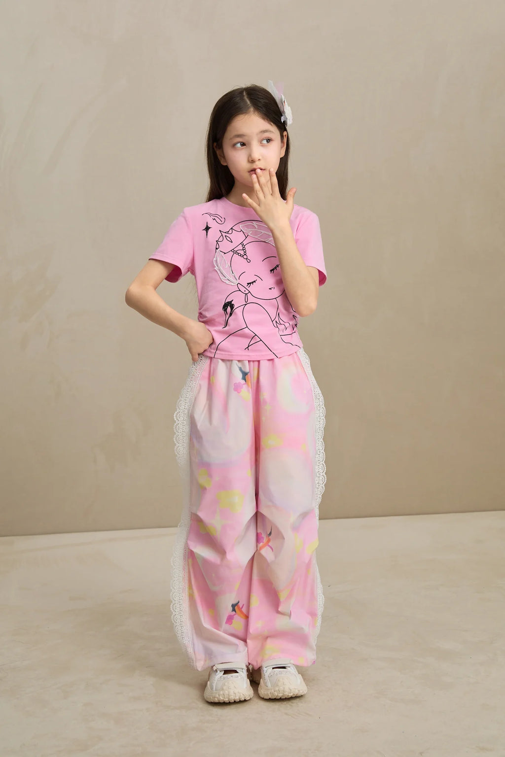 Poco Blush Swan Dream Parachute Pants with Lace Panels